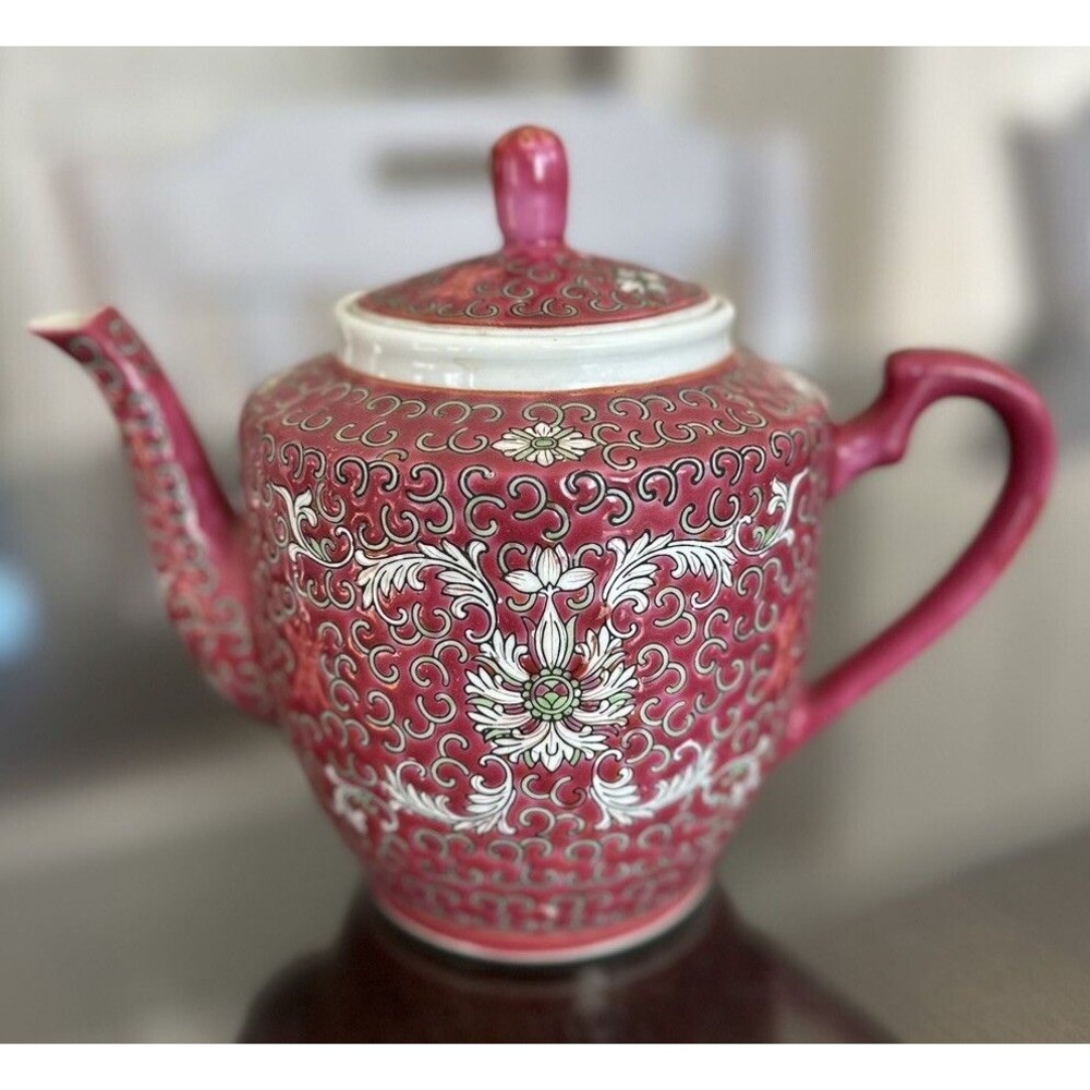 Vintage Chinese Wan Shou Wu Jiang Longevity Famille Rose Tea Pot Porcelain